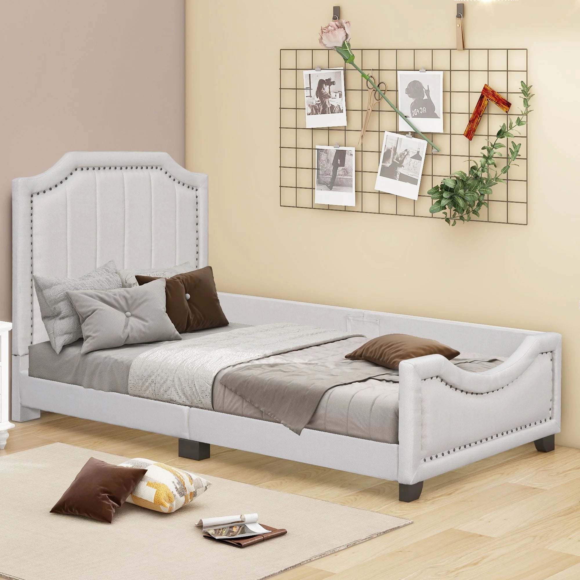 Upholstered Platform Bed Frame with Storage and Wooden Slats G224