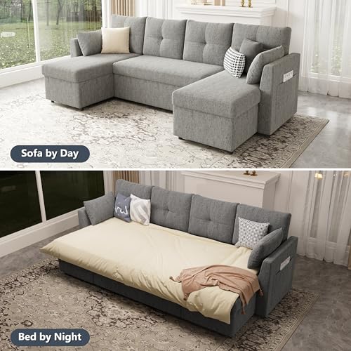 Oversized Sleeper Sofa Couch with Double Storage Chaise, Dark Grey B422253