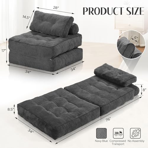 Folding Sofa Bed with Dual Pillow and Handle, Convertible Sleeper Chair, Black M821