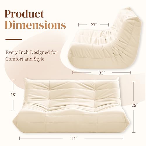 Bean Bag Chair for Adults, Suede & Microfiber Corner Lounge Sofa, 3-Seater, Beige F9802