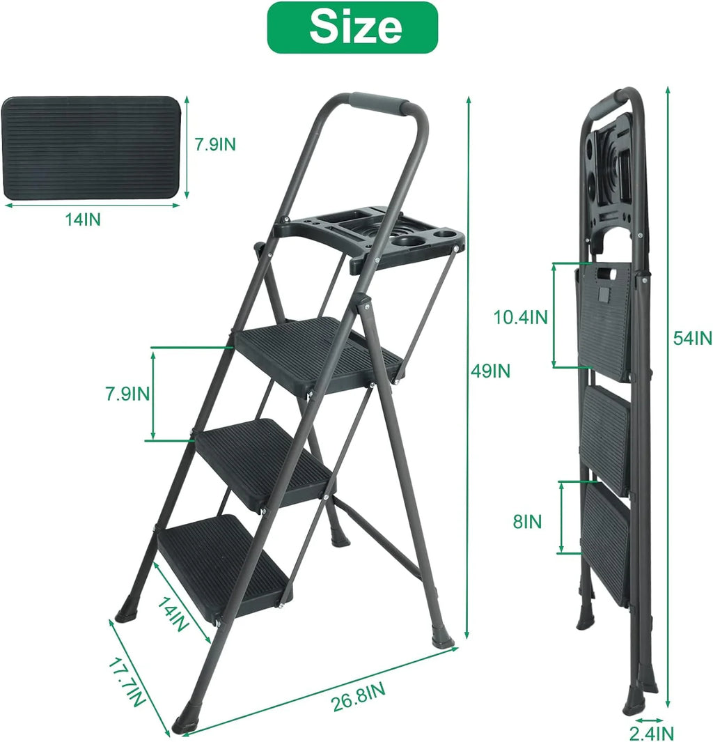 Folding Step Stool with Handrails and Tool Tray, 330lbs Capacity D619753