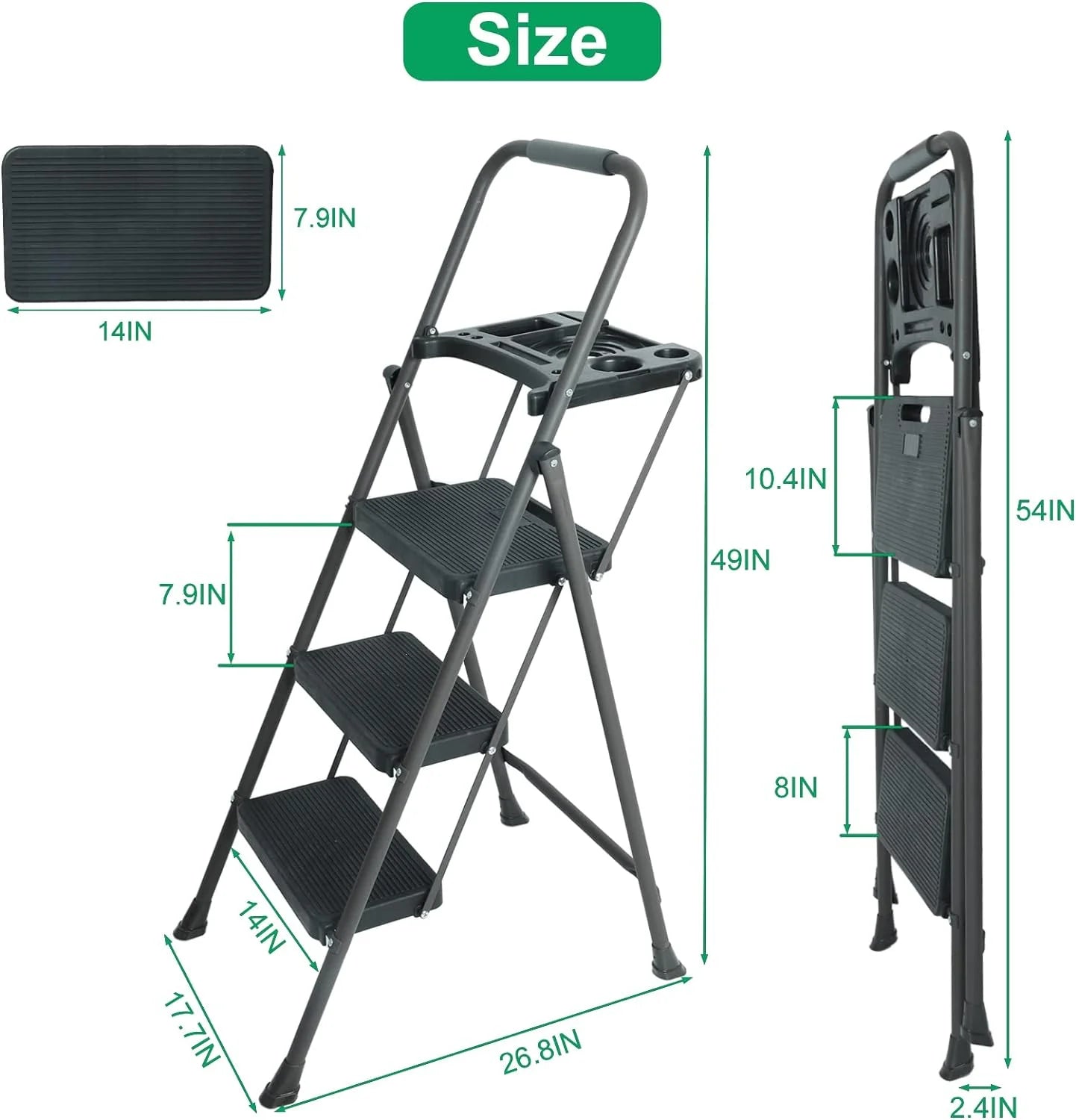 Folding Step Stool with Handrails and Tool Tray, 330lbs Capacity D619753