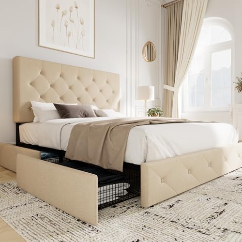 Upholstered Queen Platform Bed Frame with 4 Storage Drawers and Headboard G724955