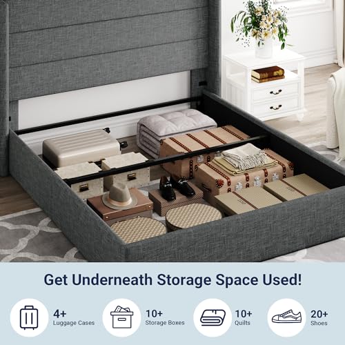Full Size Lift Up Storage Bed with Wingback Headboard, Hydraulic Support, Light Beige P736605