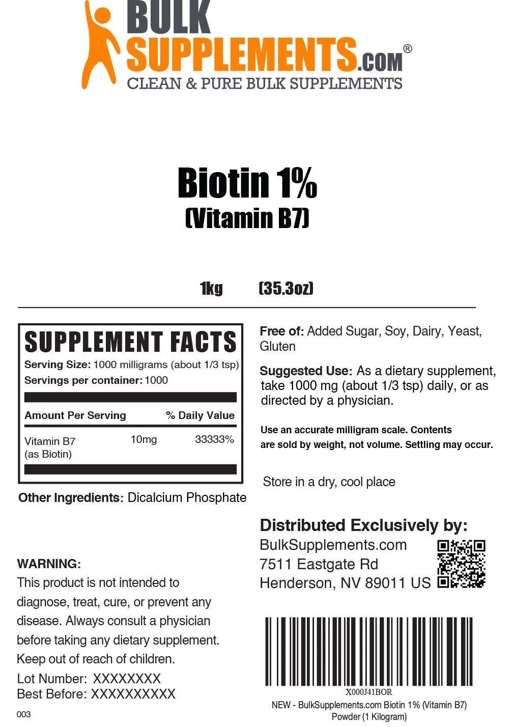 Biotin 1% (Vitamin B7) Powder, 1 kg E6926