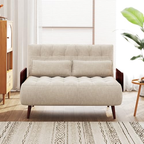 Convertible Chair Bed Sleeper for Adults, Linen with Wooden Arms & Pillows, Foldable Single Futon Sofa Bed Q683821