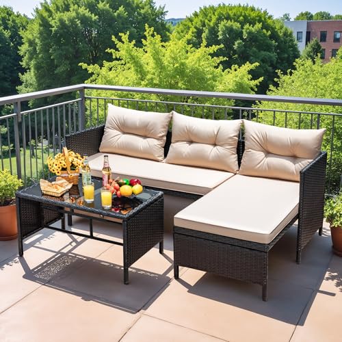 Outdoor Patio 3-Piece Rattan Sectional Sofa with Cushion and Glass Table A396028