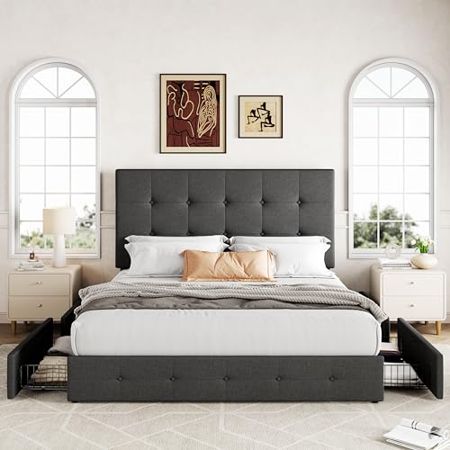 Upholstered Queen Platform Bed Frame with 4 Storage Drawers and Headboard G724955