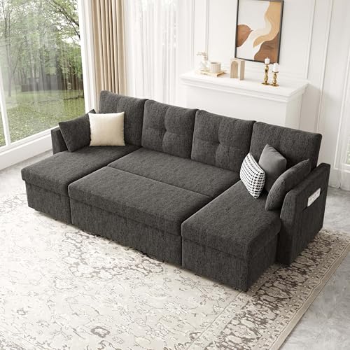 Oversized Sleeper Sofa Couch with Double Storage Chaise, Dark Grey B422253