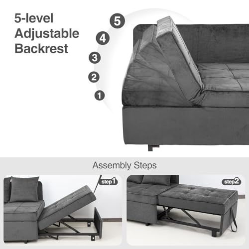 Sofa Bed Convertible Pull Out Couch with 2 Throw Pillows, Dark Grey Z539533