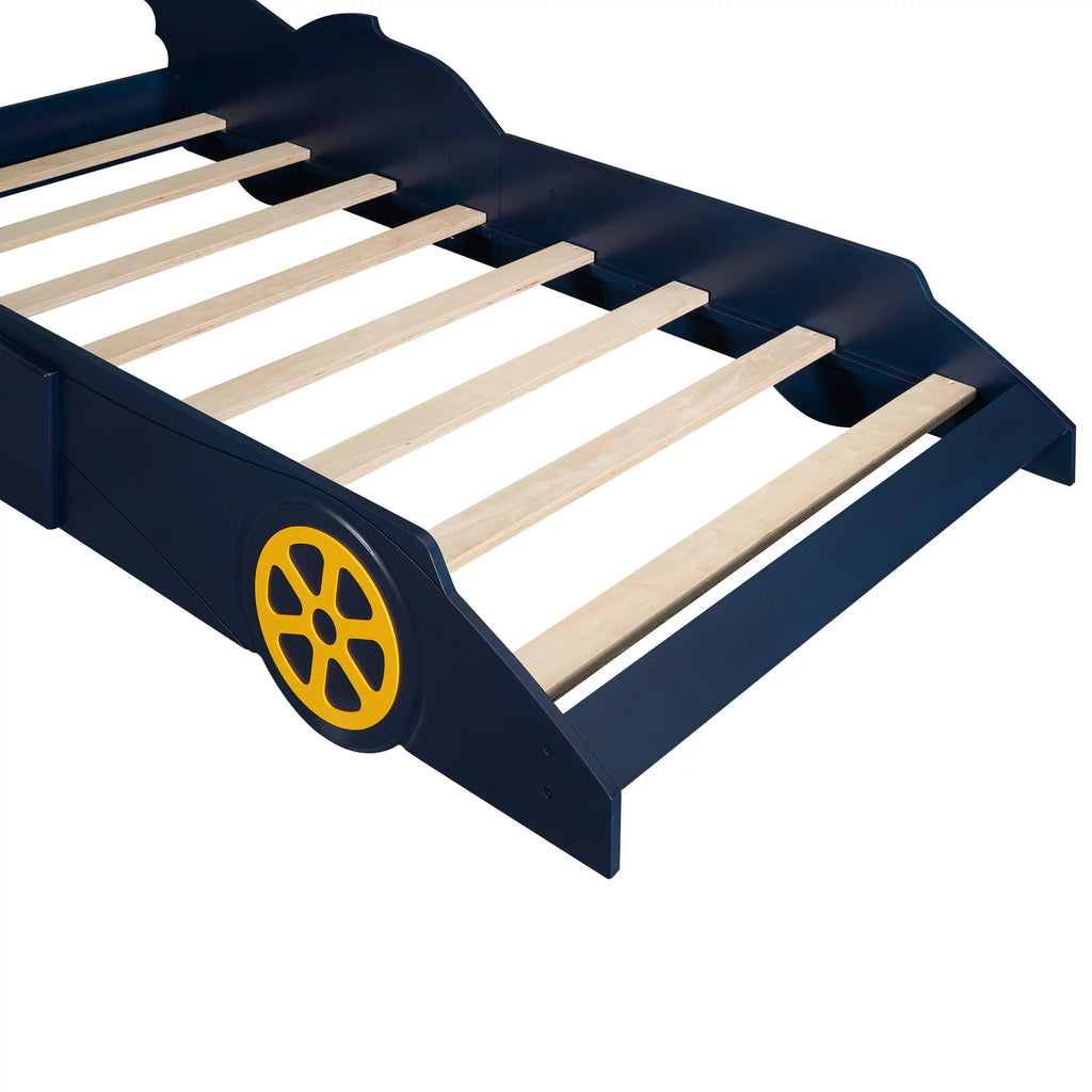Race Car Shaped Twin Bed Frame with Wheels, Wooden Slats, No Box Spring Needed E72786