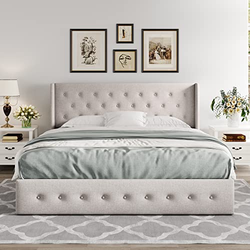 Full Size Lift Up Storage Bed with Wingback Headboard, Hydraulic Support, Light Beige P736605