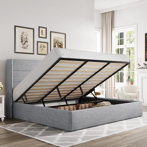 Full Size Lift Up Storage Bed with Wingback Headboard, Hydraulic Support, Light Beige P736605