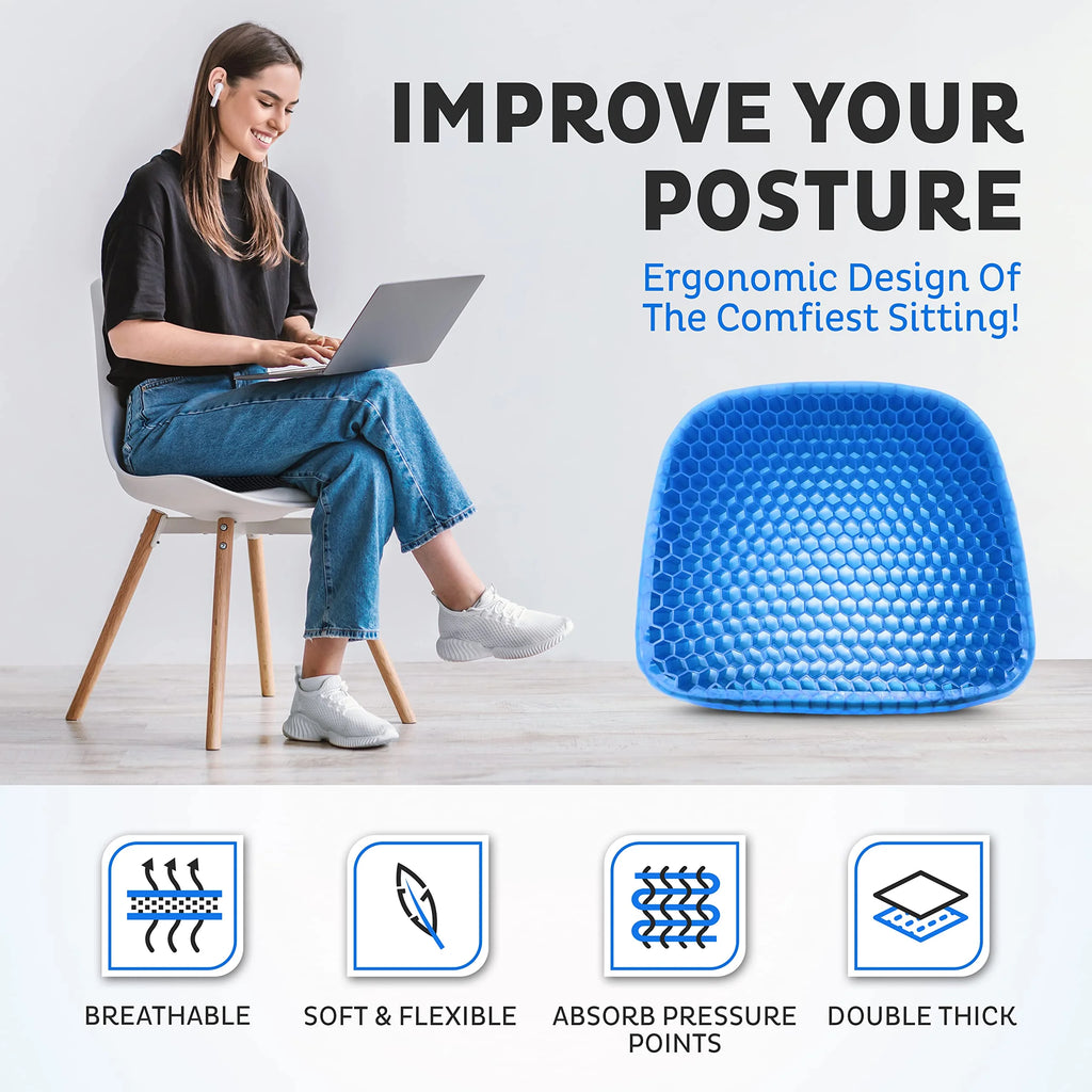 Gel Seat Cushion with Ergonomic Honeycomb Design, Large Size, Removable Washable Cover J1058