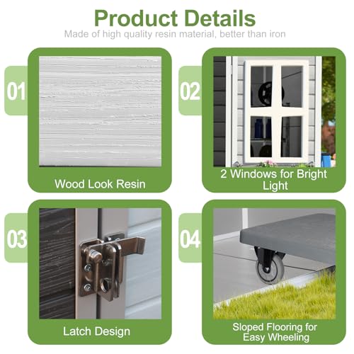 Resin Storage Shed, Waterproof Outdoor Tool Shed with Floor, Double Lockable Doors I89690