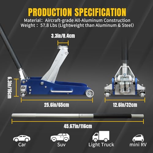 3 Ton Aluminum Floor Jack Quick Rise Low Profile 6600 lbs Capacity C9881