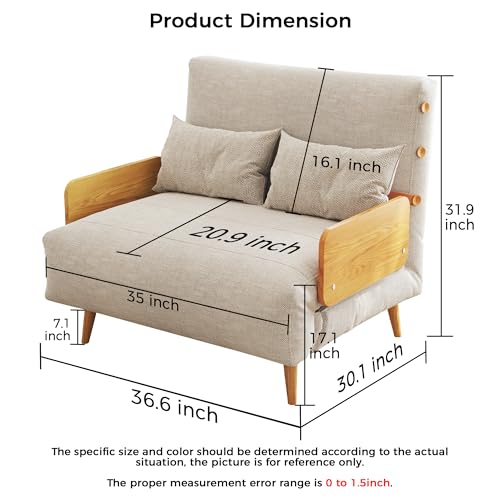 Convertible Chair Bed Sleeper for Adults, Linen with Wooden Arms & Pillows, Foldable Single Futon Sofa Bed Q683821