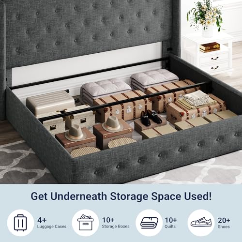 Full Size Lift Up Storage Bed with Wingback Headboard, Hydraulic Support, Light Beige P736605