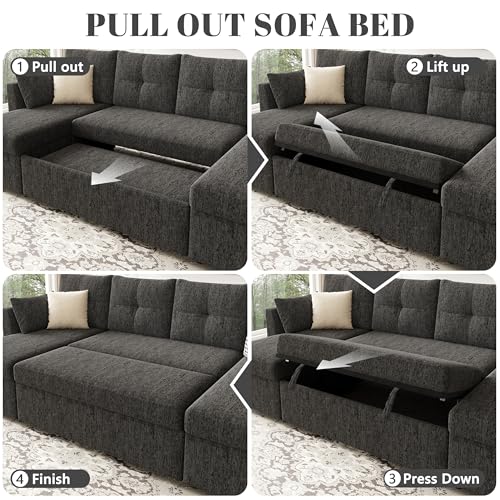 Oversized Sleeper Sofa Couch with Double Storage Chaise, Dark Grey B422253