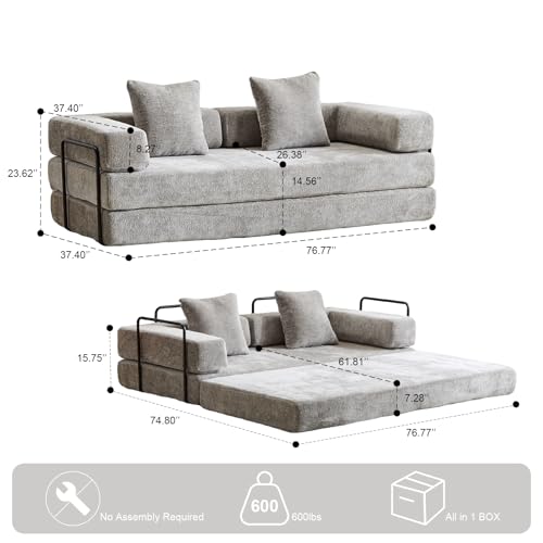Corduroy Convertible Sleeper Sofa Bed with Pillow, Beige O72530