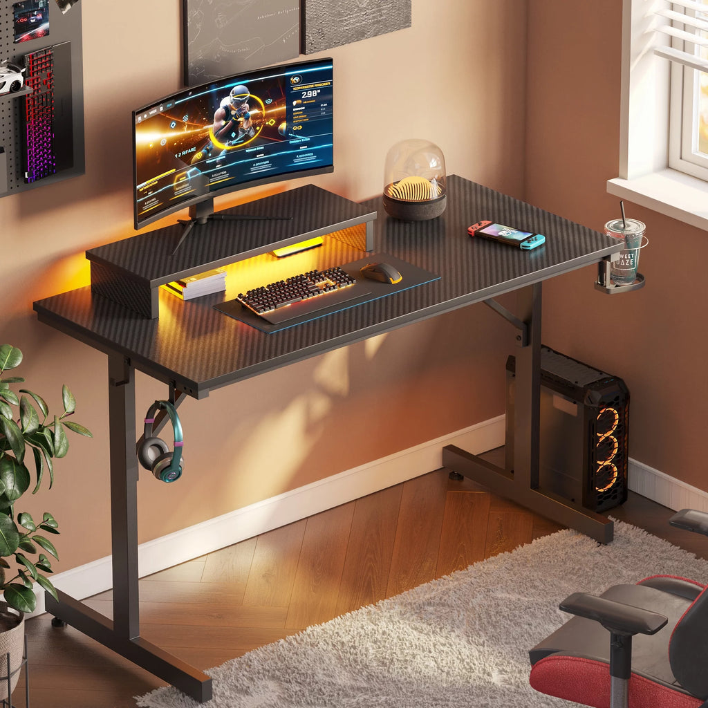 Gaming Desk with LED Lights and Monitor Stand V338893