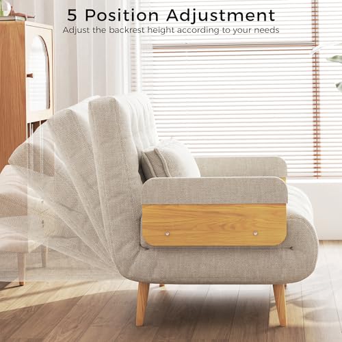 Convertible Chair Bed Sleeper for Adults, Linen with Wooden Arms & Pillows, Foldable Single Futon Sofa Bed Q683821