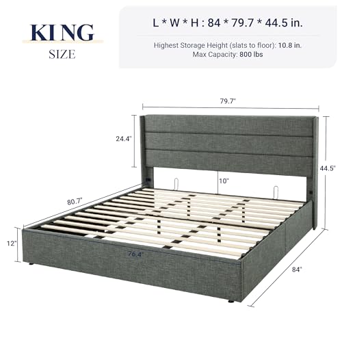 Full Size Lift Up Storage Bed with Wingback Headboard, Hydraulic Support, Light Beige P736605