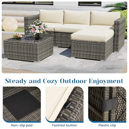 Outdoor Patio Furniture Set with Glass Tea Table, PE Rattan Wicker, Washable Cushions, Grey K8525