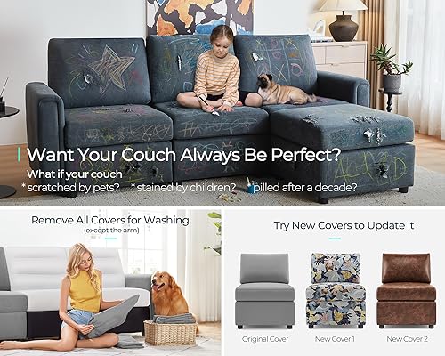 Modular Sectional Sofa with Storage, U Shaped Couch, Blue Y4358