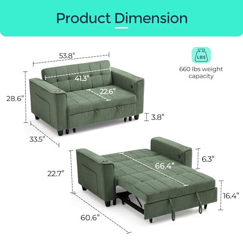 3-in-1 Convertible Sofa Bed with Charging Station, Green R3379