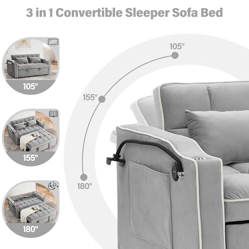Convertible Sofa Bed, 3 in 1 Velvet Sleeper with Adjustable Backrest, Gray K13376