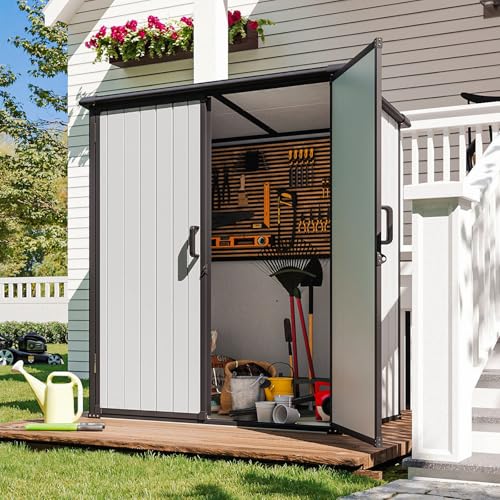 Outdoor Storage Shed with Window, Resin Garden Tool Shed with Lockable Doors W5772