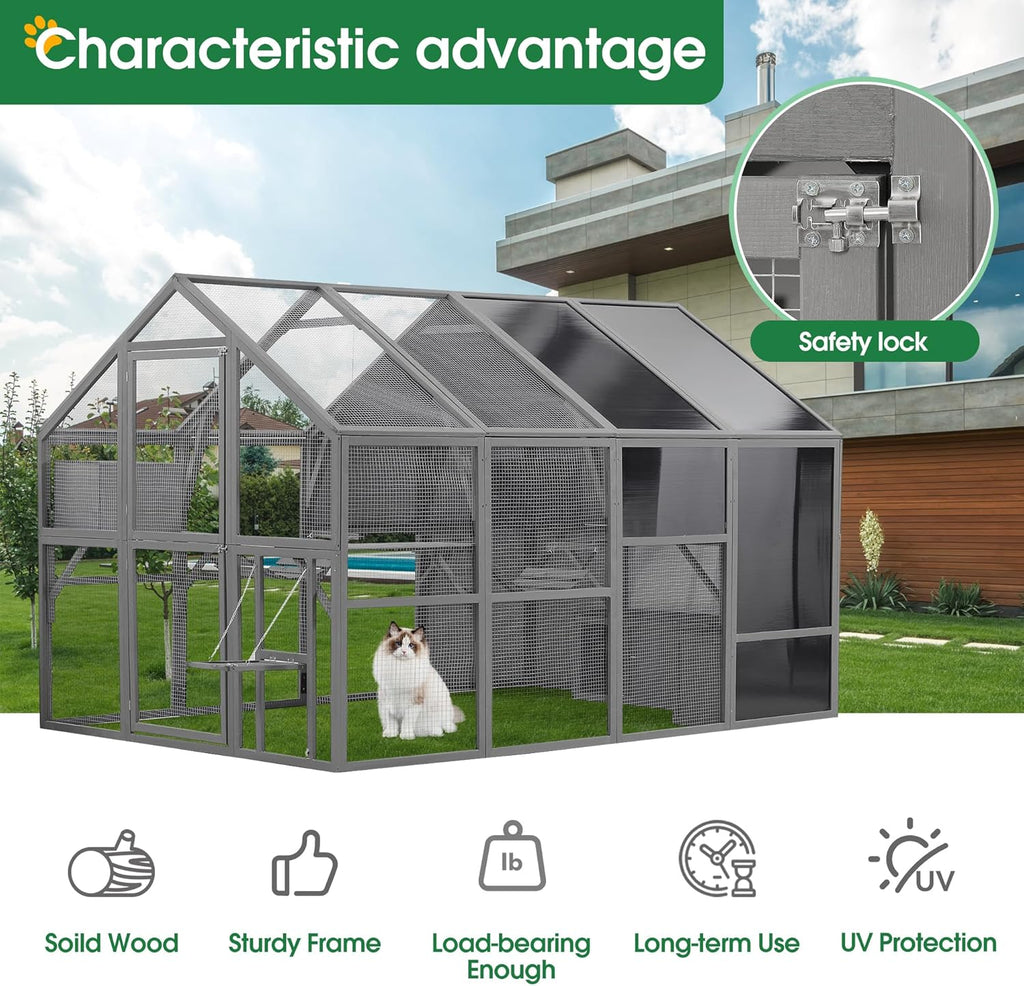 Large Cat Cage Outdoor Wooden Catio Enclosure with Bridges and Weatherproof Roof D59334