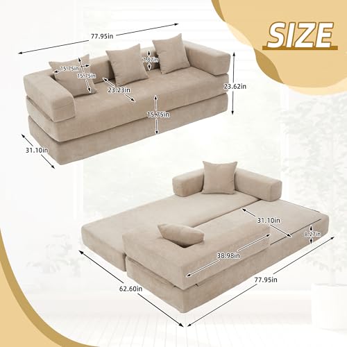 Corduroy Convertible Sleeper Sofa Bed with Pillow, Beige O72530