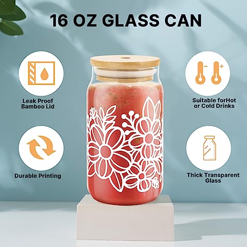 Glass Cups with Bamboo Lids and Straws, 4 Pack 16oz Iced Coffee Tumbler Y1490