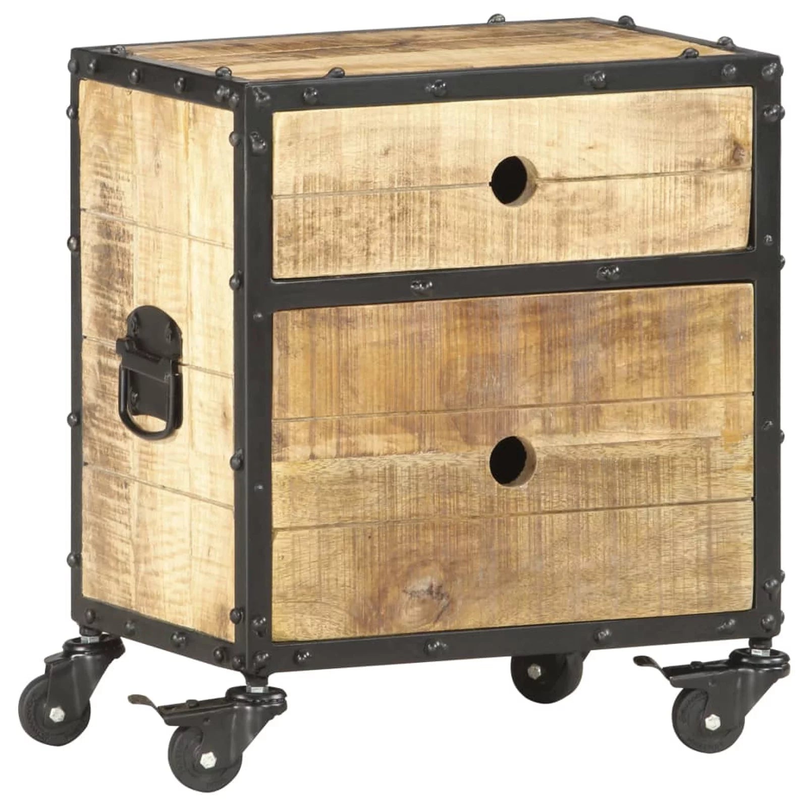 Bedside Cabinet with 2 Storage Drawers and Wheels, Mango Wood Nightstand A3625