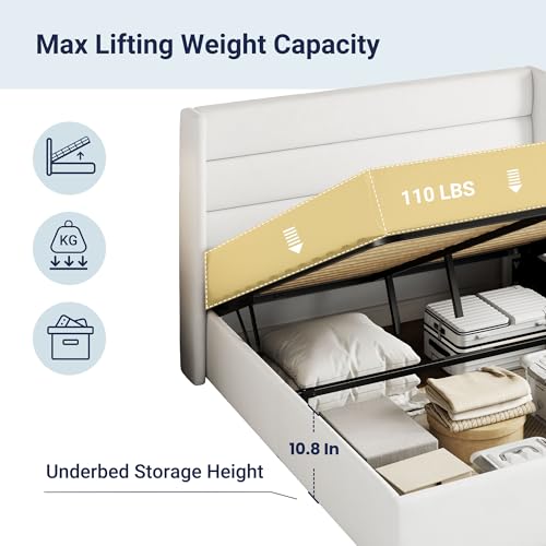 Full Size Lift Up Storage Bed with Wingback Headboard, Hydraulic Support, Light Beige P736605