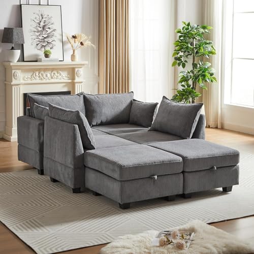 Modular Storage Sectional Sofa with Movable Ottomans, U-Shaped Chenille U839651