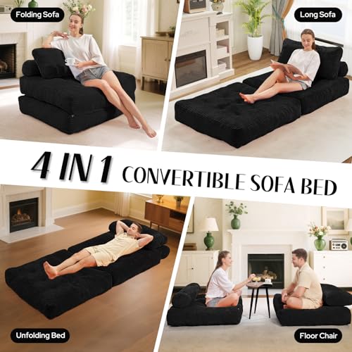Folding Sofa Bed with Dual Pillow and Handle, Convertible Sleeper Chair, Black M821