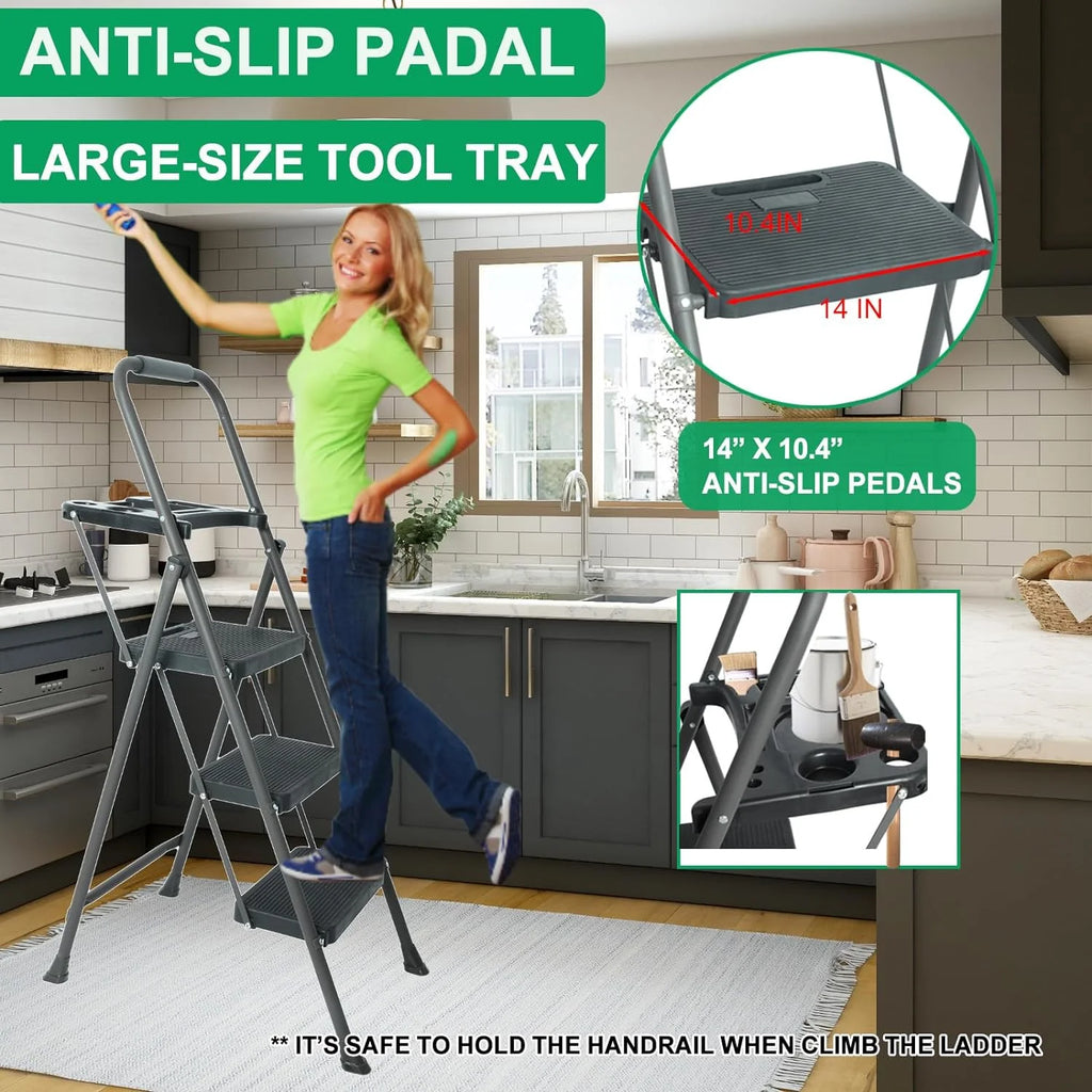 Folding Step Stool with Handrails and Tool Tray, 330lbs Capacity D619753