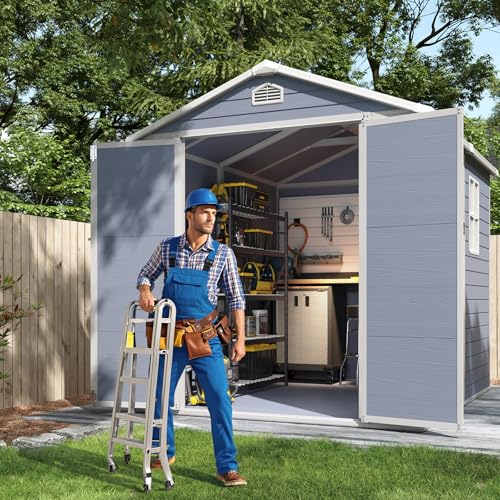 Outdoor Storage Shed with Window, Resin Garden Tool Shed with Lockable Doors W5772