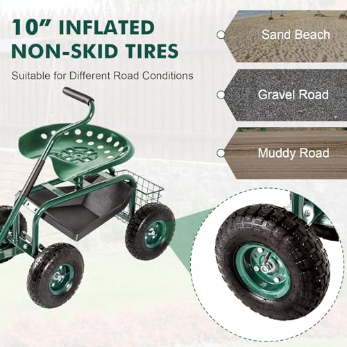Garden Cart with Rolling Work Seat Tool Tray and Storage Basket on Wheels O137