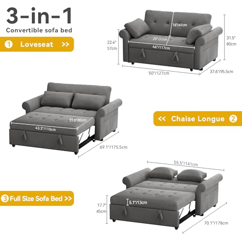 Sleeper Sofa Bed 3-in-1 Convertible Couch with Pullout Bed, 55'' Loveseat with Reclining Backrest, 2 Pillows and Storage Bag, Blue Gray H2215