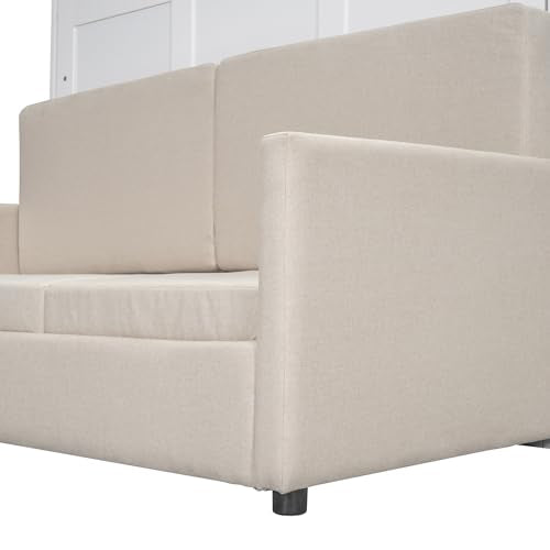 Murphy Bed Queen Size with Cushion, Foldable Sofa Bed Frame with Slat Support, White C2974