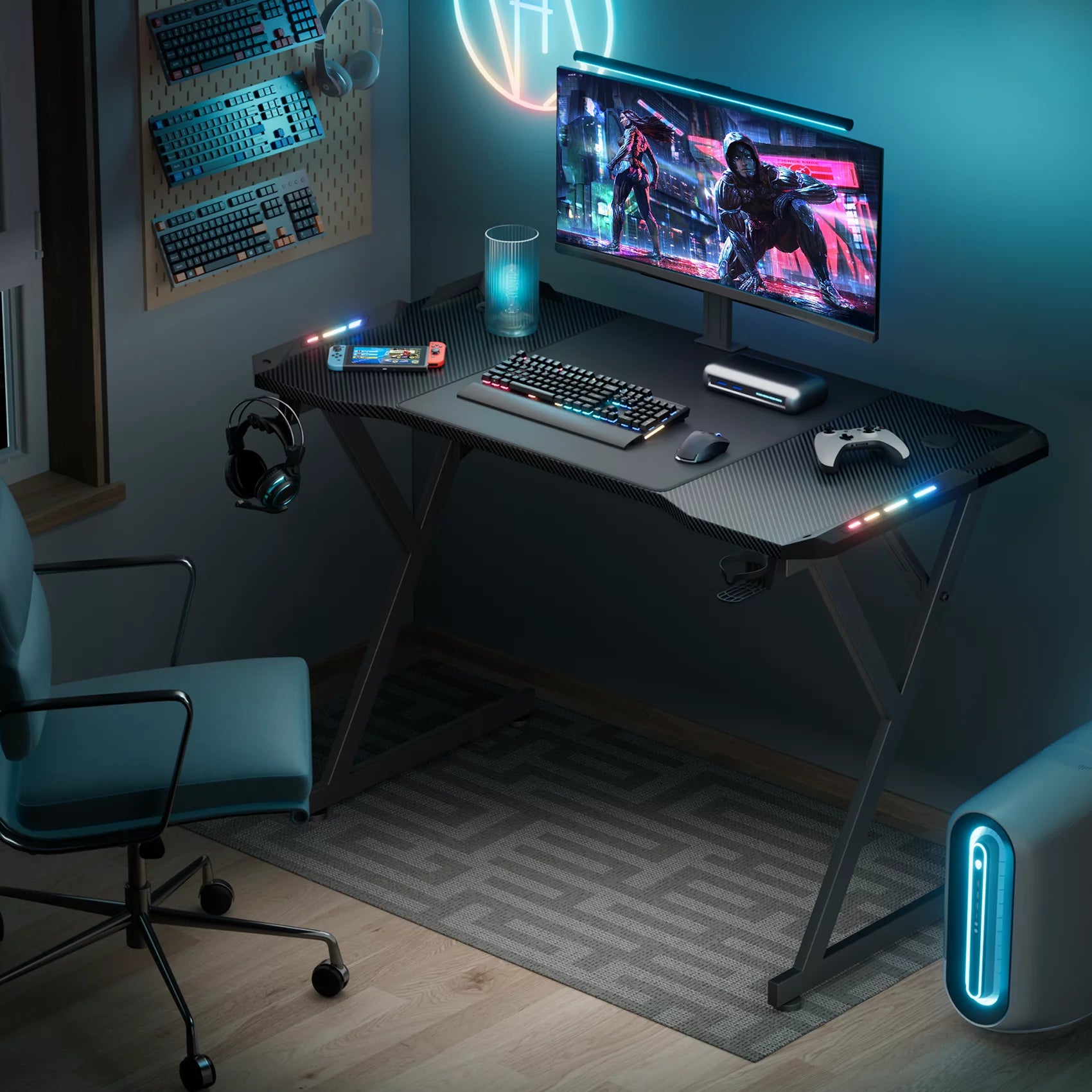 55 Inch Gaming Desk with LED Lights and Carbon Fibre Surface B58941