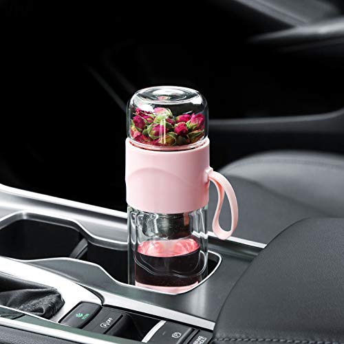 Double Wall Glass Tea Bottle with Infuser, Leak-Proof Travel Tumbler 14oz T8756