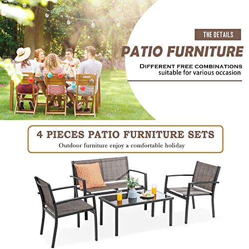 Patio Furniture Set with Glass Coffee Table, 4 Pieces, Black Q940
