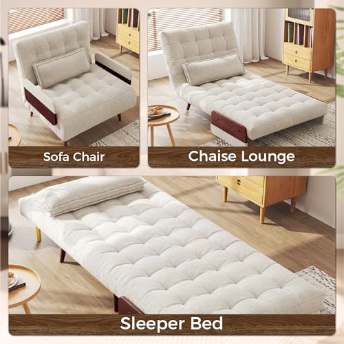 Convertible Chair Bed Sleeper for Adults, Linen with Wooden Arms & Pillows, Foldable Single Futon Sofa Bed Q683821