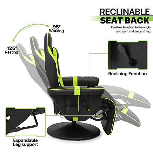 Massage Gaming Recliner Chair, 360° Swivel PU Leather, Adjustable Backrest, Footrest, Cup Holders, Bluetooth Speakers, Green X4845