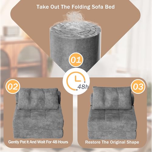 Folding Sofa Bed with Headrest and Lumbar Pillow, Chenille Fabric Chair Bed Y9814